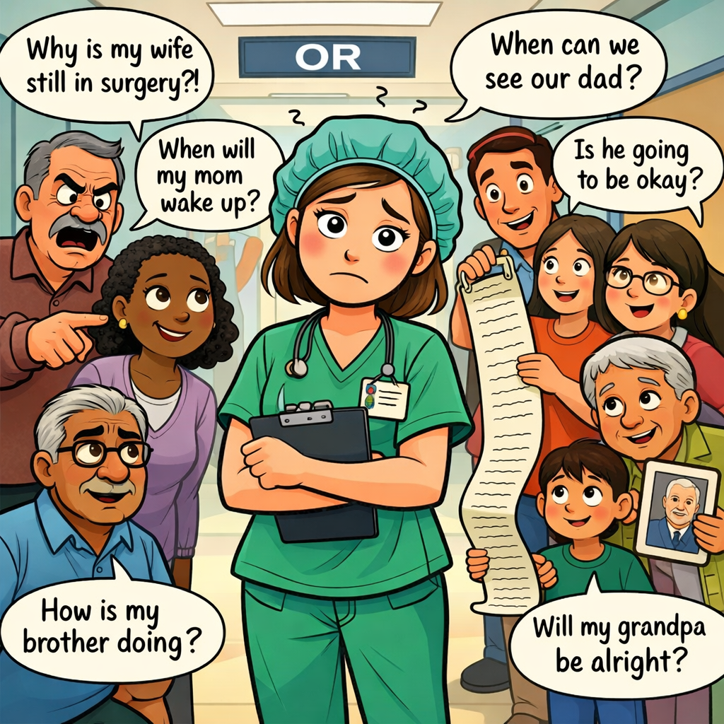 A stressed OR manager dealing wtih too much make it cartoon make it look like several family members are talking to them about different loved ones in