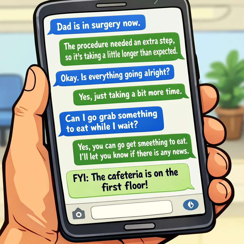 a cartoon image of a hand and phone screen with text that shows a two way conversation with the family member showing sevarl milestones including your-1